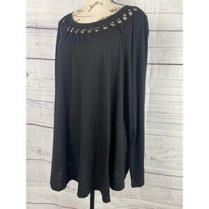 Lane Bryant Tee Shirt Women 22/24 Black Faux Leather Ribbon Neckline Long Sleeve